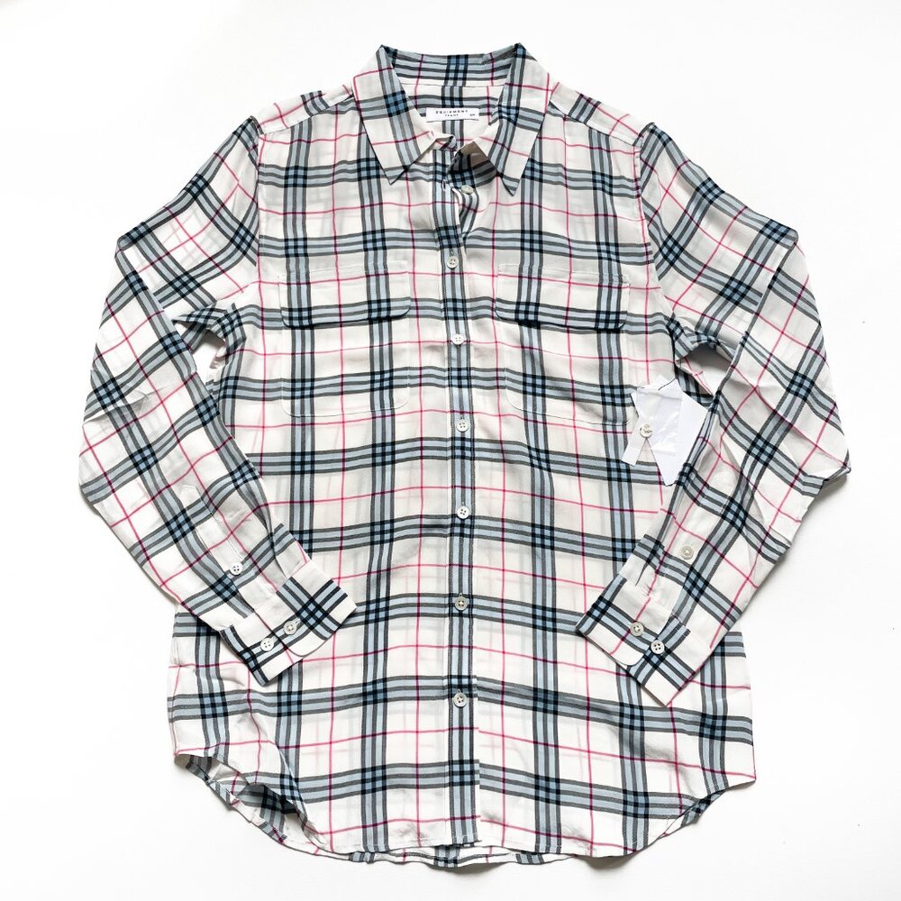 Equipment Slim Signature Silk Shirt Nature White Plaid Size Small NEW NWT